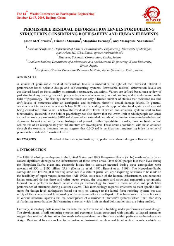 (PDF) Permissible Residual Deformation Levels for Building Structures ...