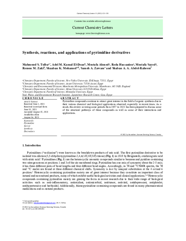 (PDF) Synthesis, reactions, and applications of pyrimidine derivatives