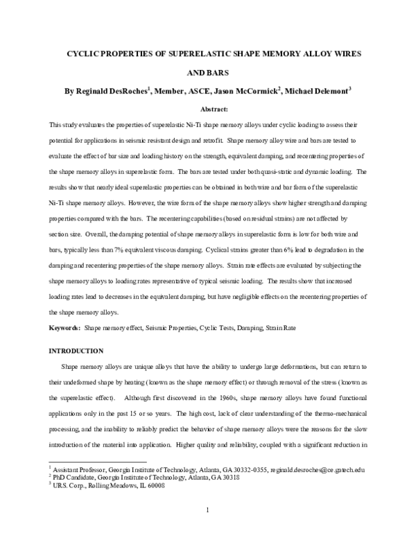 (PDF) Cyclic Properties of Superelastic Shape Memory Alloy Wires and Bars