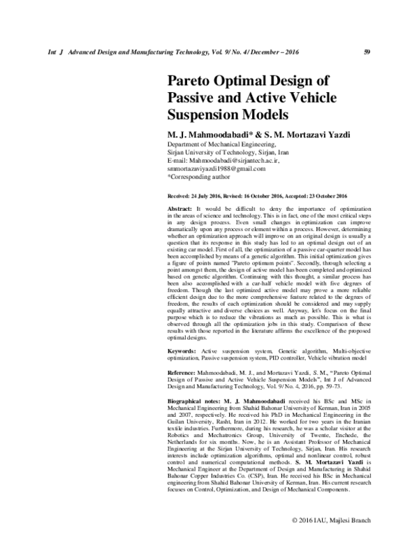 (PDF) Pareto Optimal Design of Passive and Active Vehicle Suspension Models