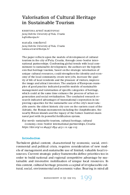 (PDF) Valorisation of Cultural Heritage in Sustainable Tourism