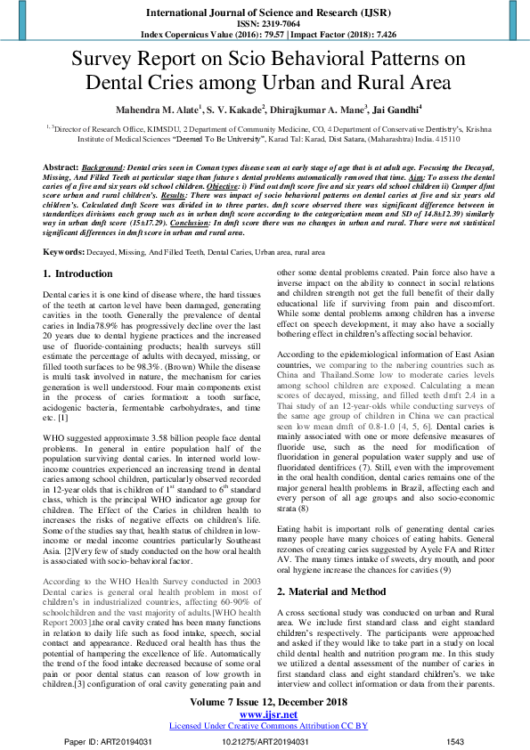 (PDF) Survey Report on Scio Behavioral Patterns on Dental Cries among ...
