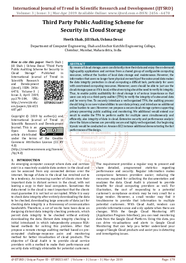 (PDF) Third Party Public Auditing Scheme for Security in Cloud Storage