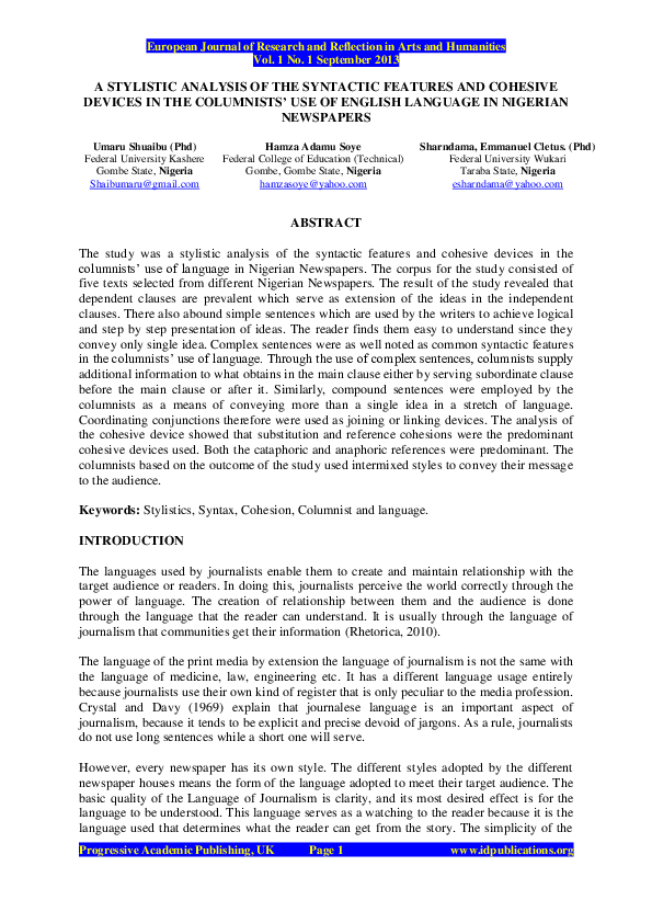 (PDF) A Stylistic Analysis of the Syntactic Features and Cohesive ...