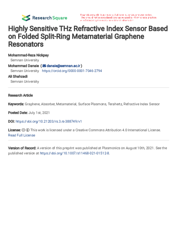 (PDF) Highly Sensitive THz Refractive Index Sensor Based on Folded ...