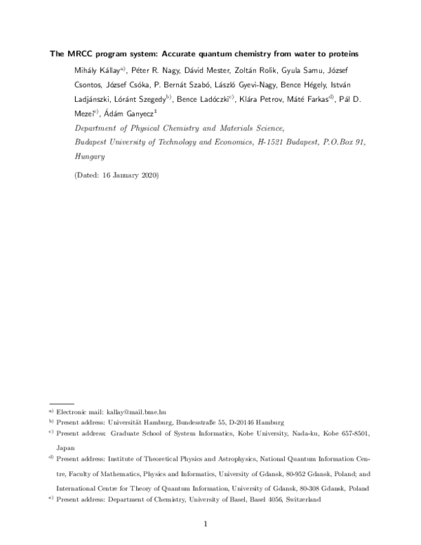 (PDF) The MRCC program system: Accurate quantum chemistry from water to ...