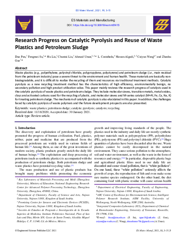 (PDF) Research progress on catalytic pyrolysis and reuse of waste ...
