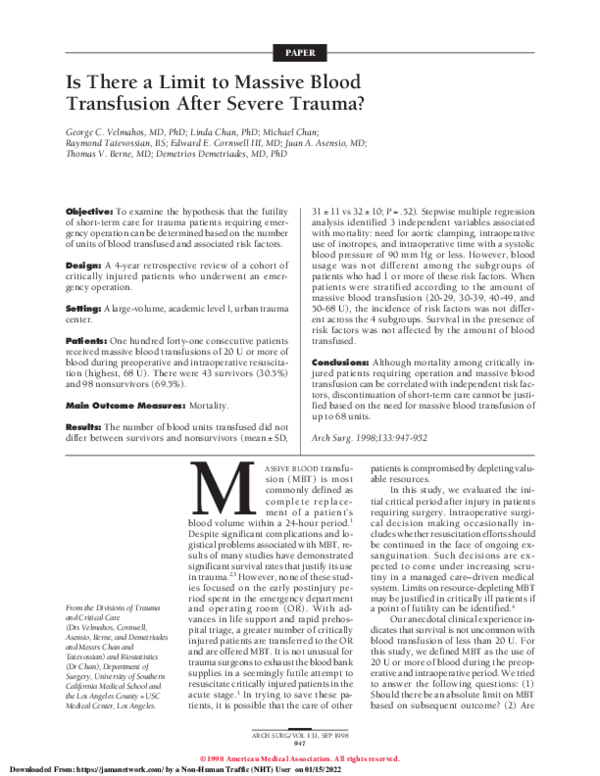 (PDF) Is There a Limit to Massive Blood Transfusion After Severe Trauma?
