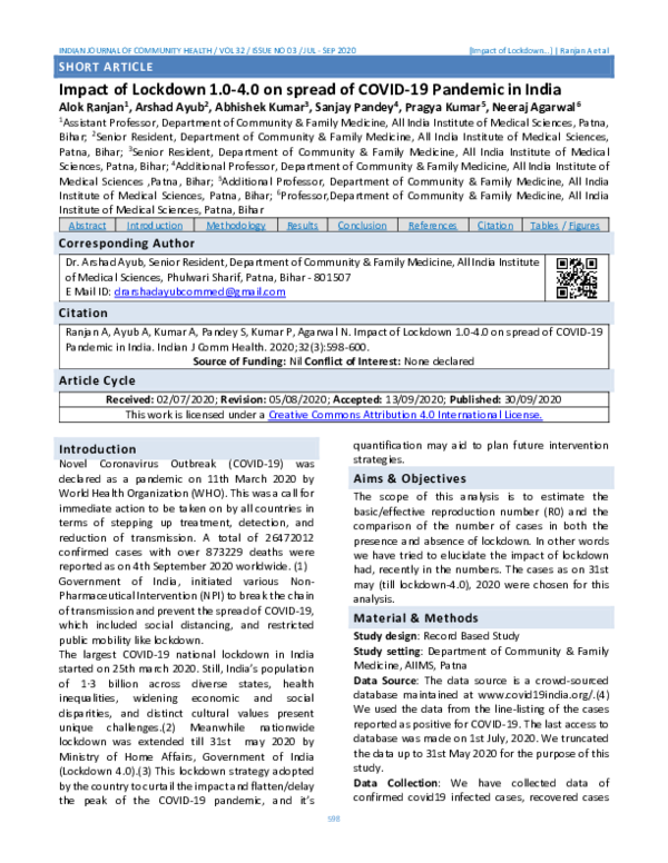 (PDF) Impact of Lockdown 1.0-4.0 on spread of COVID-19 Pandemic in India