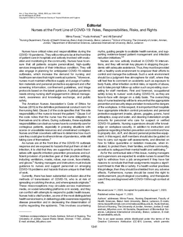 (PDF) Nurses at the Front Line of COVID-19: Roles, Responsibilities ...