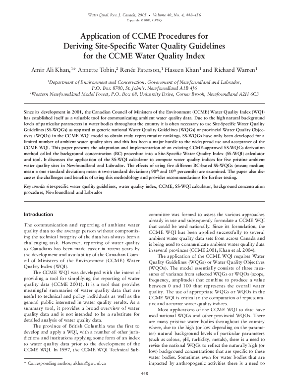 (PDF) Application of CCME Procedures for Deriving SiteSpecific Water
