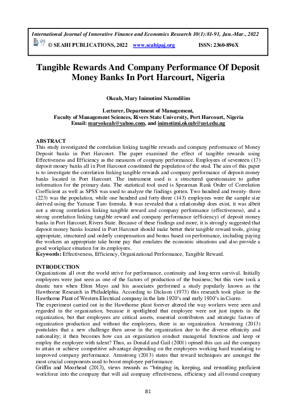 (PDF) Tangible Rewards And Company Performance Of Deposit Money Banks ...