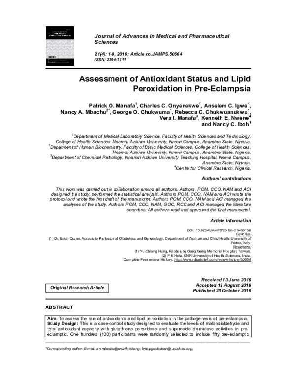 (PDF) Assessment of Antioxidant Status and Lipid Peroxidation in Pre ...