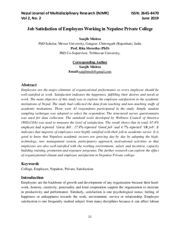 (PDF) Job Satisfaction of Employees Working in Nepalese Private College