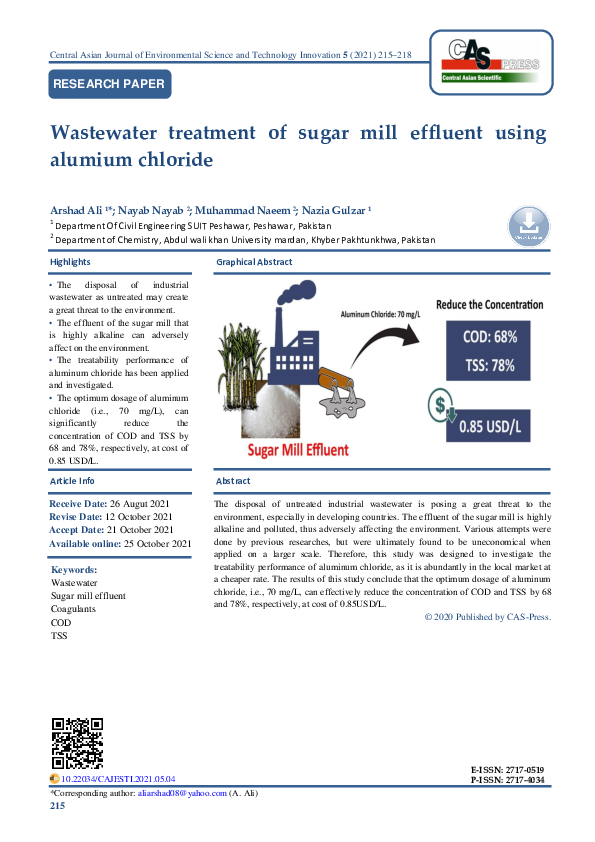 (PDF) Wastewater treatment of sugar mill effluent using alumium chloride