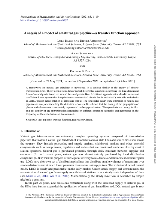 (PDF) Analysis of a model of a natural gas pipeline—a transfer function ...