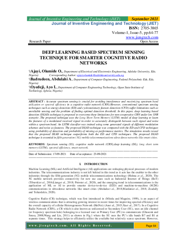 (PDF) Deep Learning Based Spectrum Sensing Technique for Smarter ...
