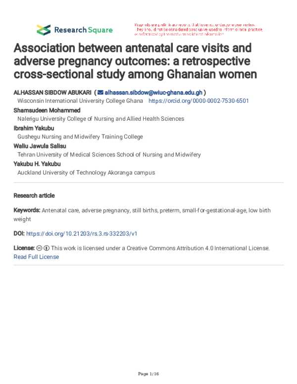 (PDF) Association between antenatal care visits and adverse pregnancy ...