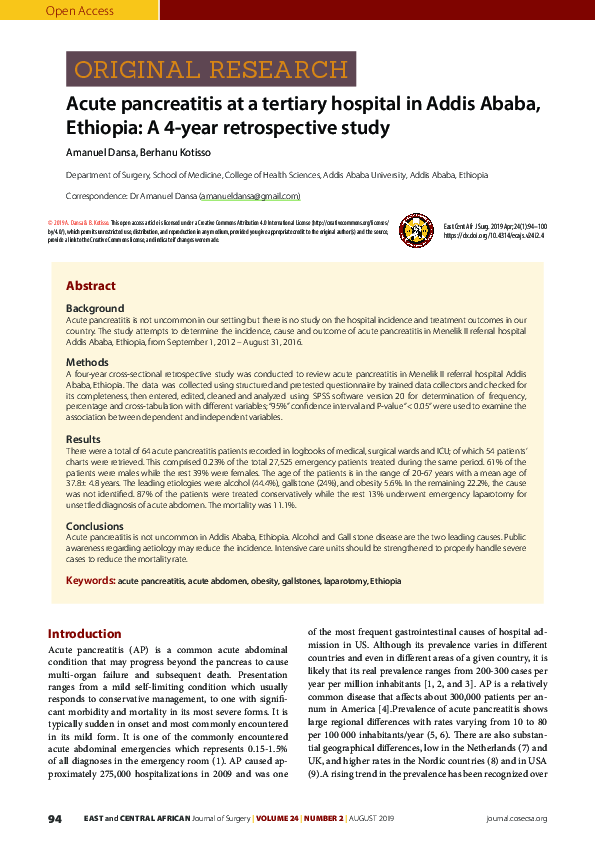 (PDF) Acute pancreatitis at a tertiary hospital in Addis Ababa ...