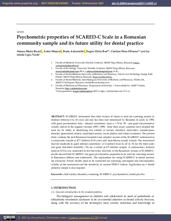 (PDF) Psychometric Properties of SCARED-C Scale in a Romanian Community ...