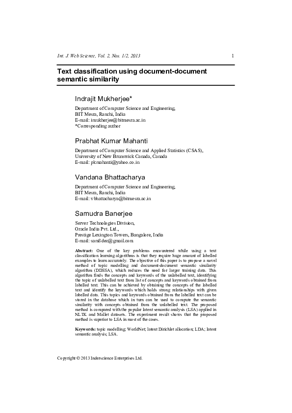 (PDF) Text classification using document-document semantic similarity