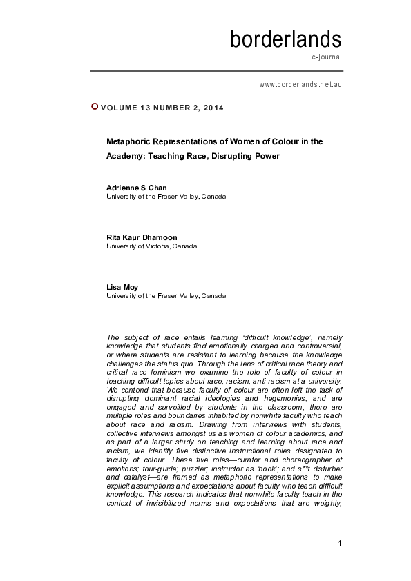 (PDF) Metaphoric Representations of Women of Colour in the Academy ...