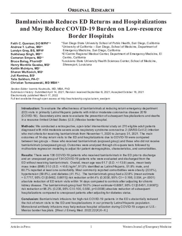 (PDF) Bamlanivimab Reduces ED Returns and Hospitalizations and May ...
