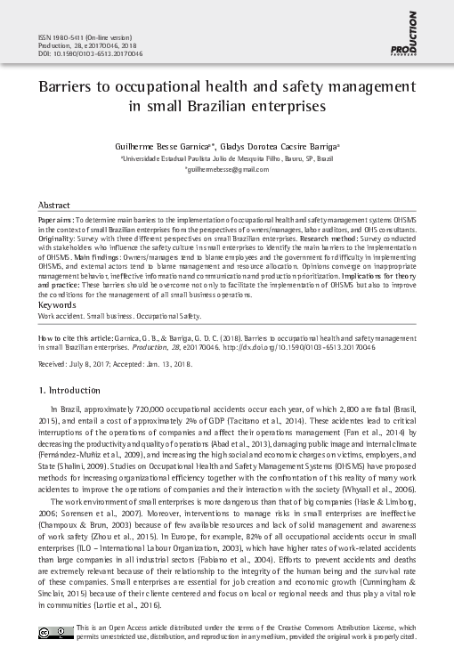 (PDF) Barriers to occupational health and safety management in small ...