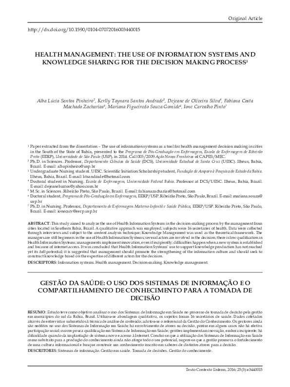(PDF) Health Management: The Use of Information Systems and Knowledge ...