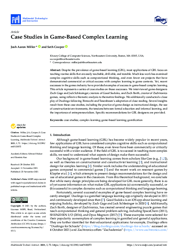 (PDF) Game-Based Learning: Case Studies in Complex Skills Development