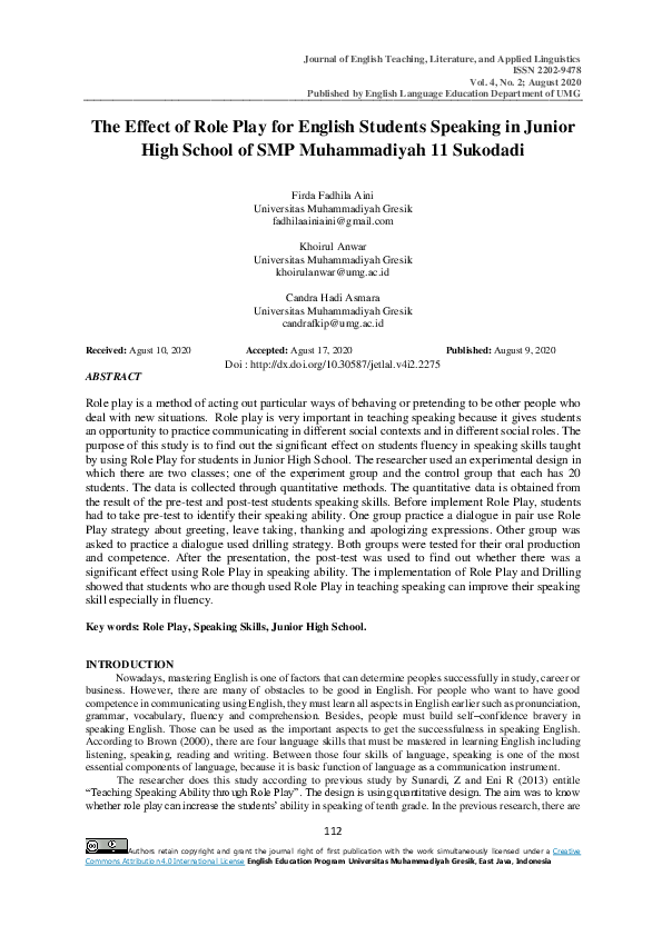 (PDF) The Effect of Role Play for English Students Speaking in Junior ...