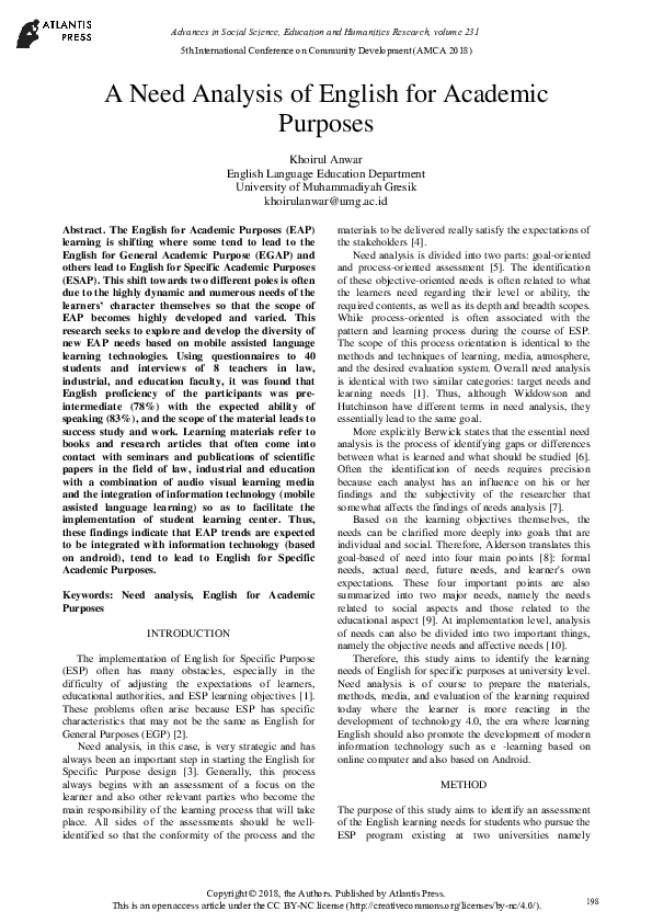 (PDF) A Need Analysis of English for Academic Purposes