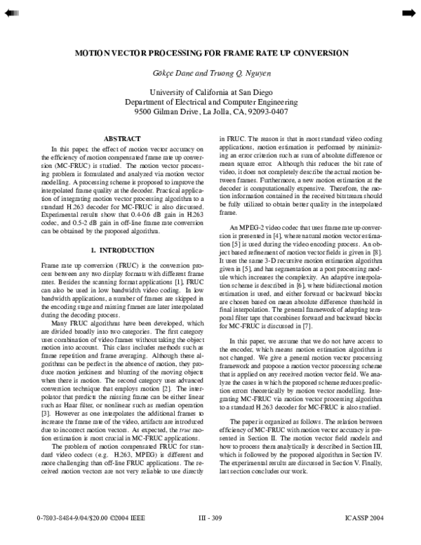(PDF) Motion vector processing for frame rate up conversion