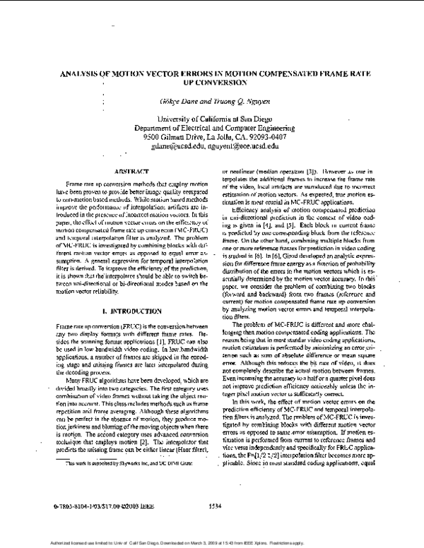 (PDF) Analysis of motion vector errors in motion compensated frame rate ...