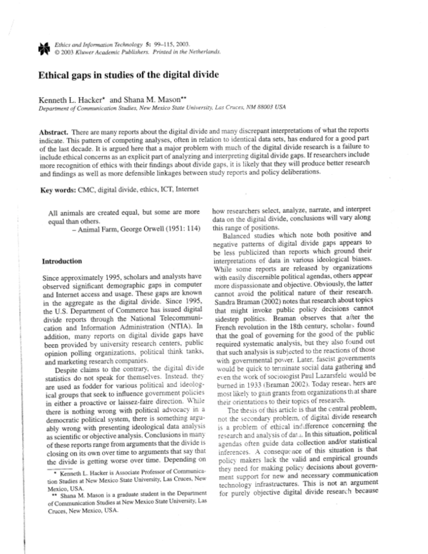 (PDF) Ethical gaps in studies of the digital divide