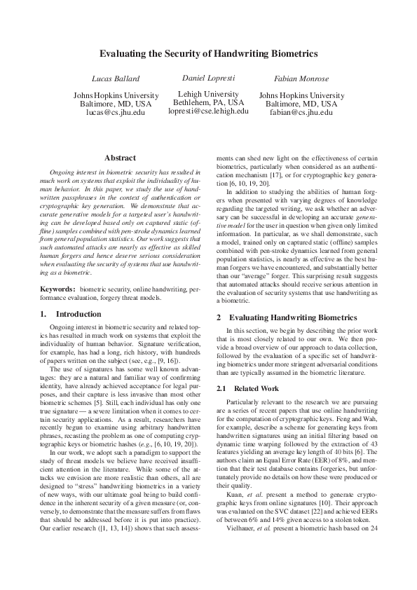 (PDF) Evaluating the security of handwriting biometrics