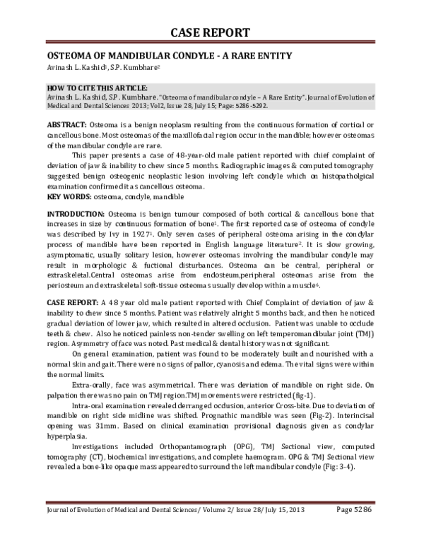 (PDF) Osteoma of Mandibular Condyle - a Rare Entity