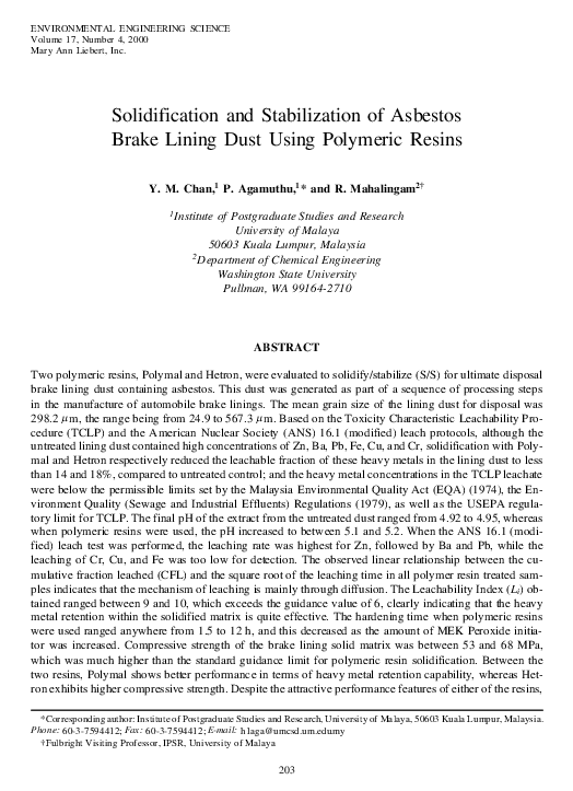 (PDF) Solidification and Stabilization of Asbestos Brake Lining Dust