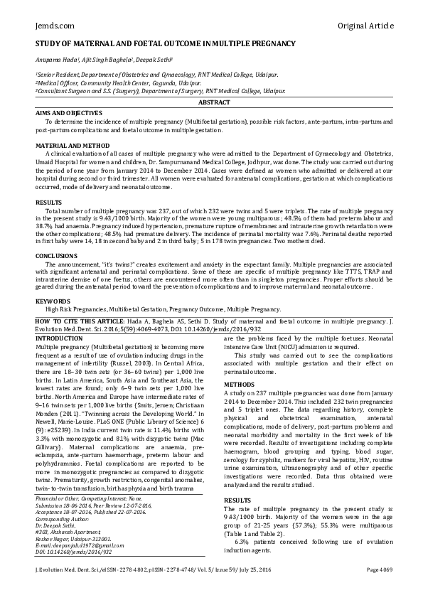 (PDF) Study of Maternal and Foetal Outcome in Multiple Pregnancy