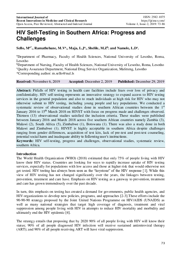 (PDF) HIV Self-Testing in Southern Africa: Progress and Challenges