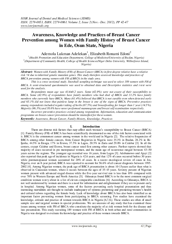 (PDF) Awareness, Knowledge and Practices of Breast Cancer Prevention ...