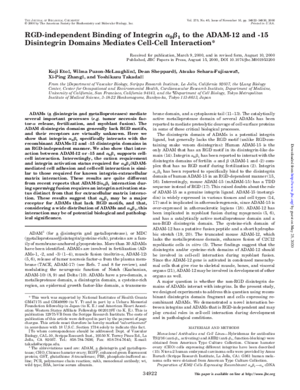 (PDF) RGD-independent Binding of Integrin alpha 9beta 1 to the ADAM-12 ...