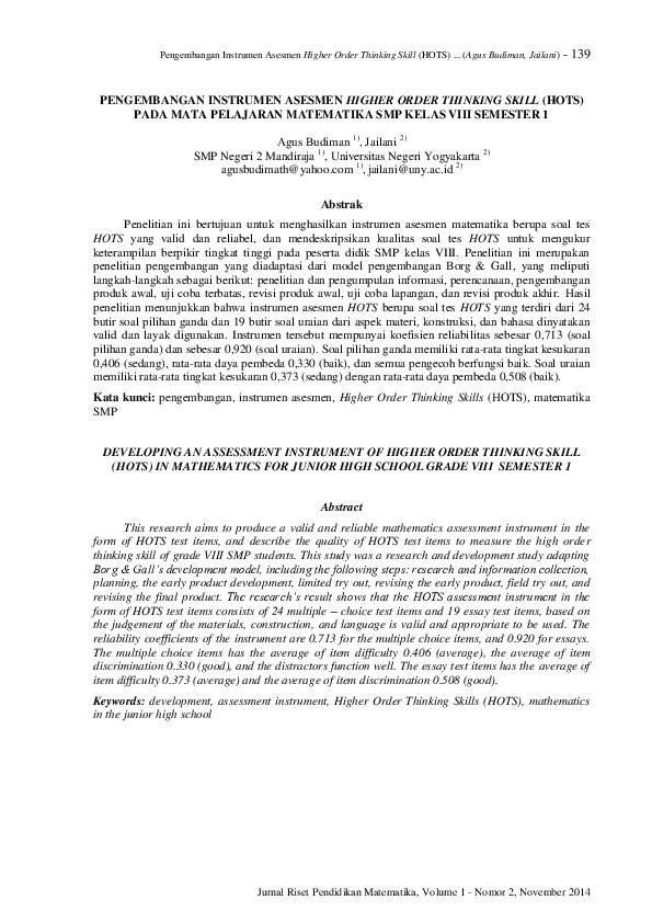(PDF) Pengembangan Instrumen Asesmen Higher Order Thinking Skill (Hots ...