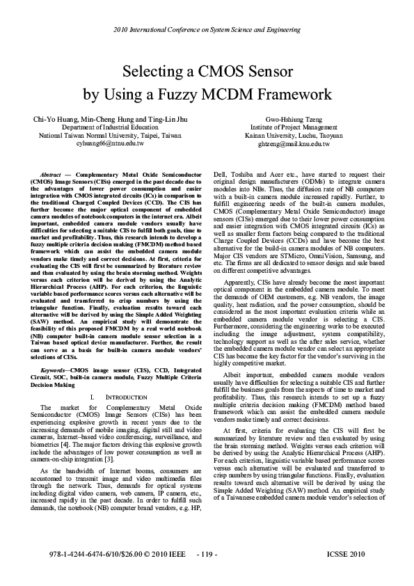 (PDF) Selecting a CMOS sensor by using a fuzzy MCDM framework