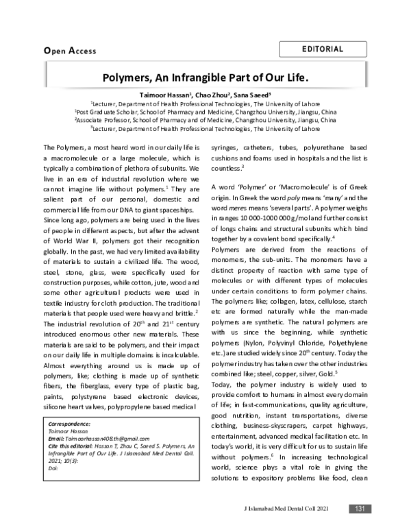 (PDF) Polymers, An Infrangible part of our life