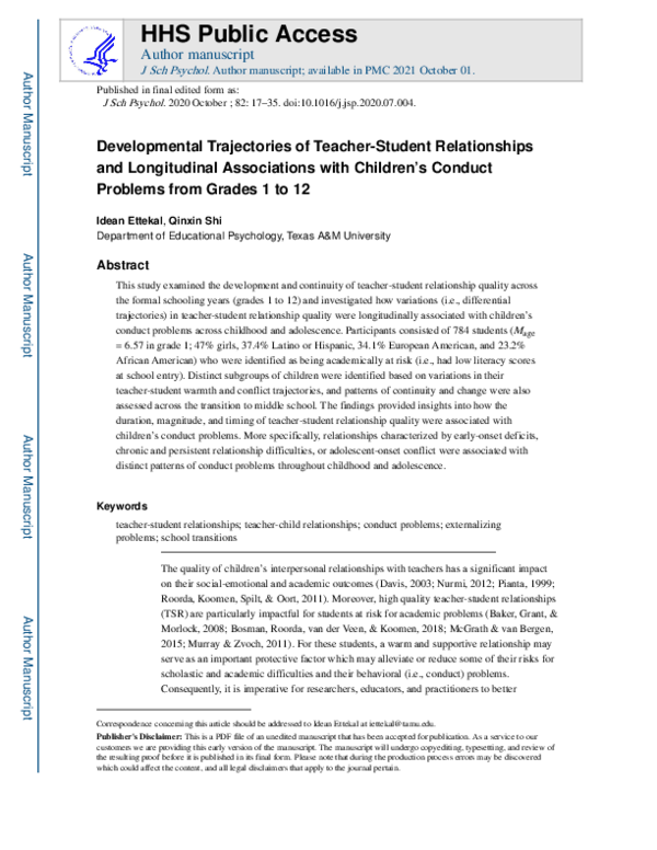 (PDF) Developmental trajectories of teacher-student relationships and ...