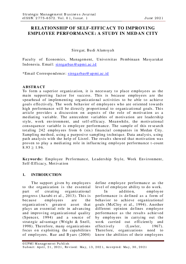(PDF) Relationship of Self-Efficacy to Improving Employee Performance ...