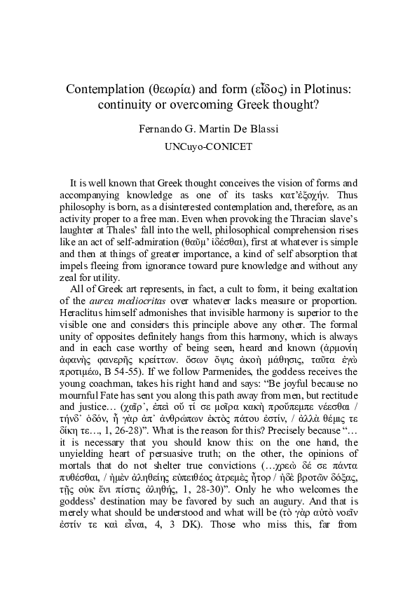 (PDF) CONTEMPLATION (thewría) AND FORM (eîdos) IN PLOTINUS: CONTINUITY ...