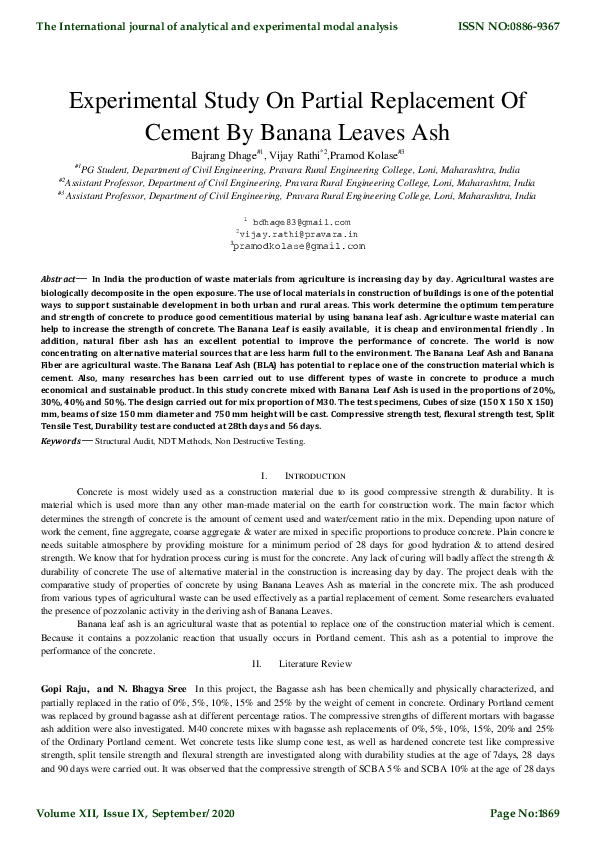 (PDF) Experimental Study On Partial Replacement Of Cement By Banana ...