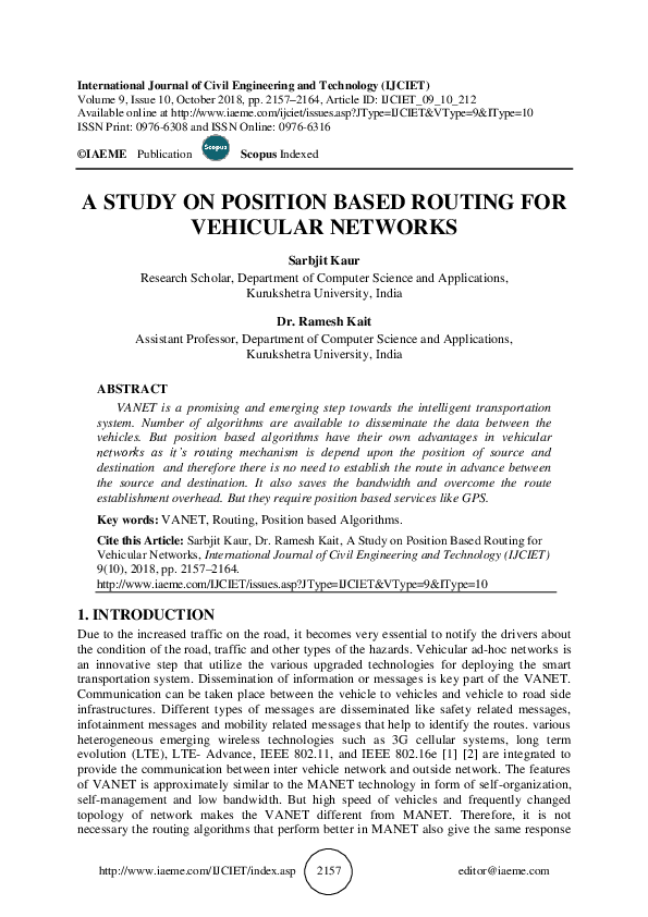 (PDF) A Study on Position Based Routing for Vehicular Networks